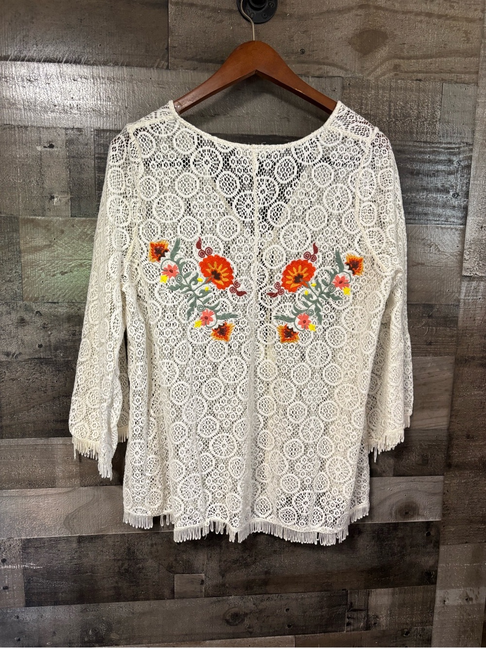 EARTHBOUND Cream Crochet Lace Blouse with Orange Floral Embroidery L